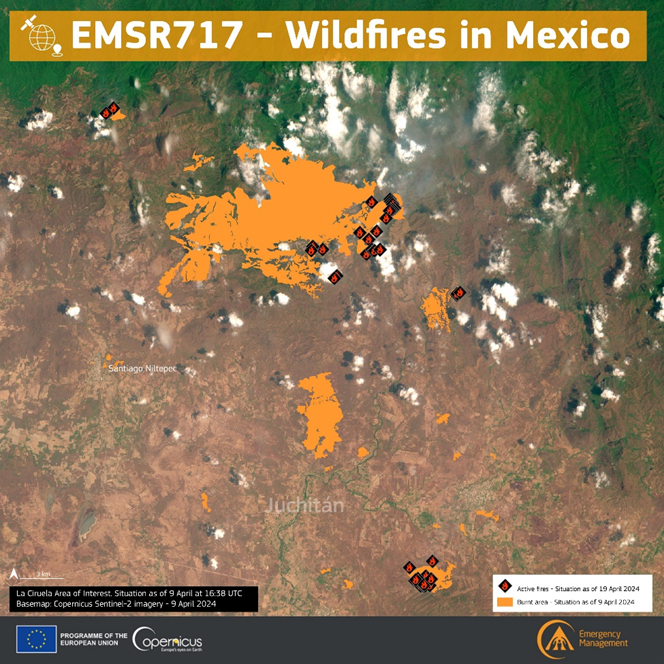 This data visualisation, based on a product from the Rapid Mapping module of the Copernicus Emergency Management Service, shows the extent of a serious fire in Mexico in April 2023. The image shows the 3rd delineation monitoring of the fire (9 April 2023) and was produced with Copernicus Sentinel-2 data. Credit: European Union, Copernicus Emergency Management Service